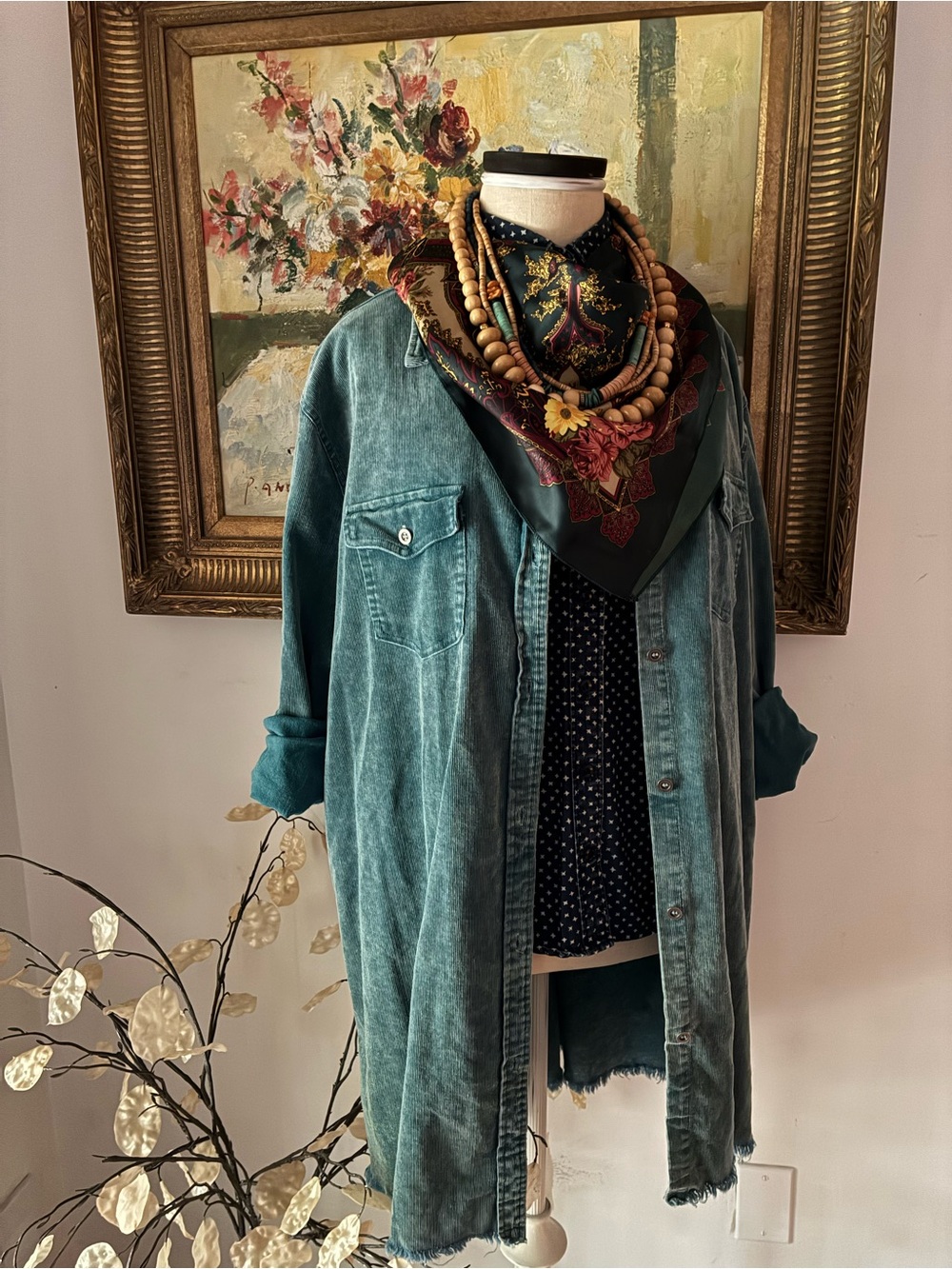 Umgee Teal Corduroy Long Button Down Top Oversized Top Size XL